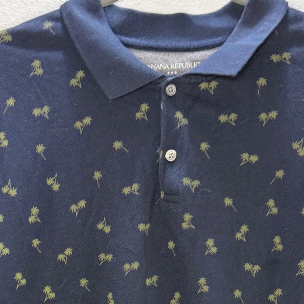 Banana Republic Pique Polo Mens Large Navy Palm Tree Print Short Sleeve Organic
